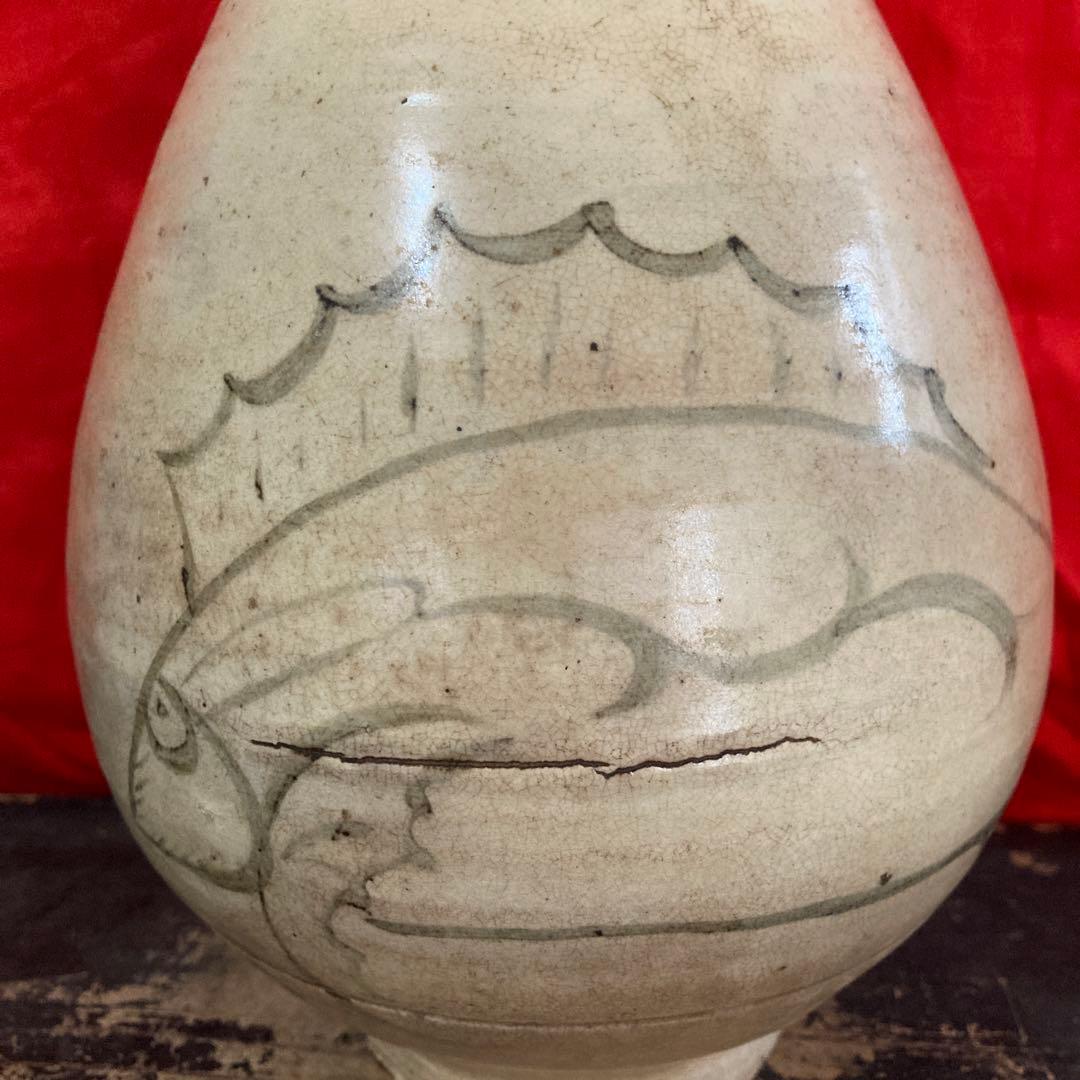 李朝 粉青沙器 白地鉄絵 瓶 ショップ 徳利 魚水草文 鶏龍山