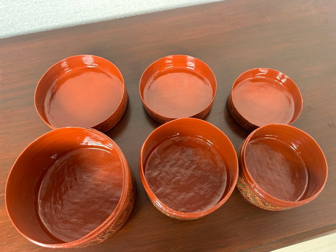 ミャンマー アンティーク 漆器 蒟醤 ビルマ 細密画 3段入れ子容器 ※31