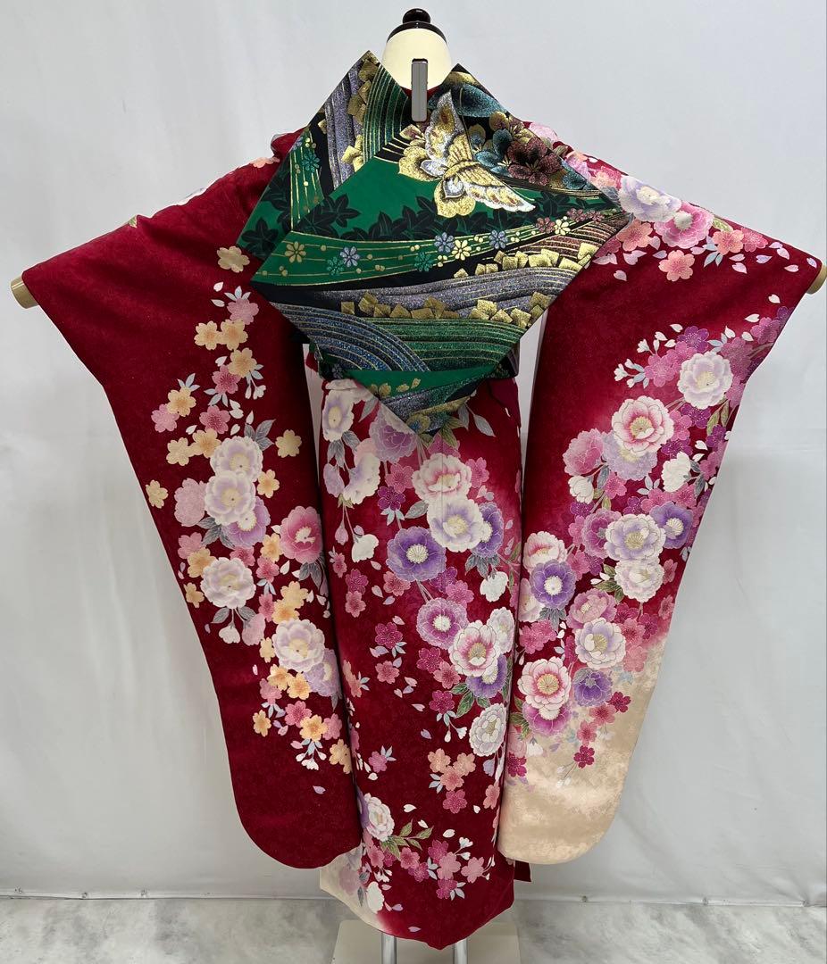 振り袖 フルセット 金彩加工 長襦袢付 刺繍入り 金通し 赤 花 664