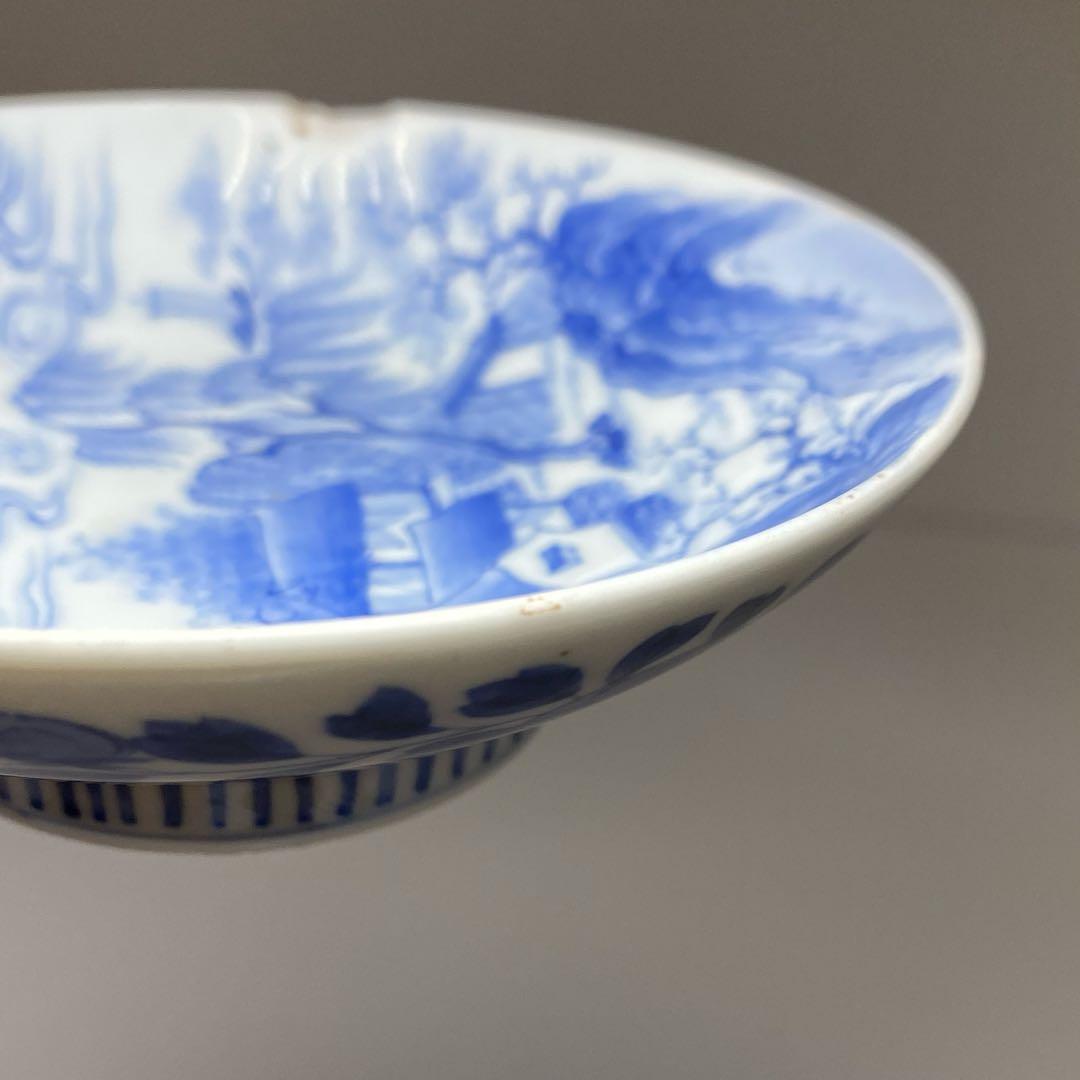 江戸中後期　極上手鍋島焼染付山水風景画皿　木箱付　本Y7-0331☆1Fタニト