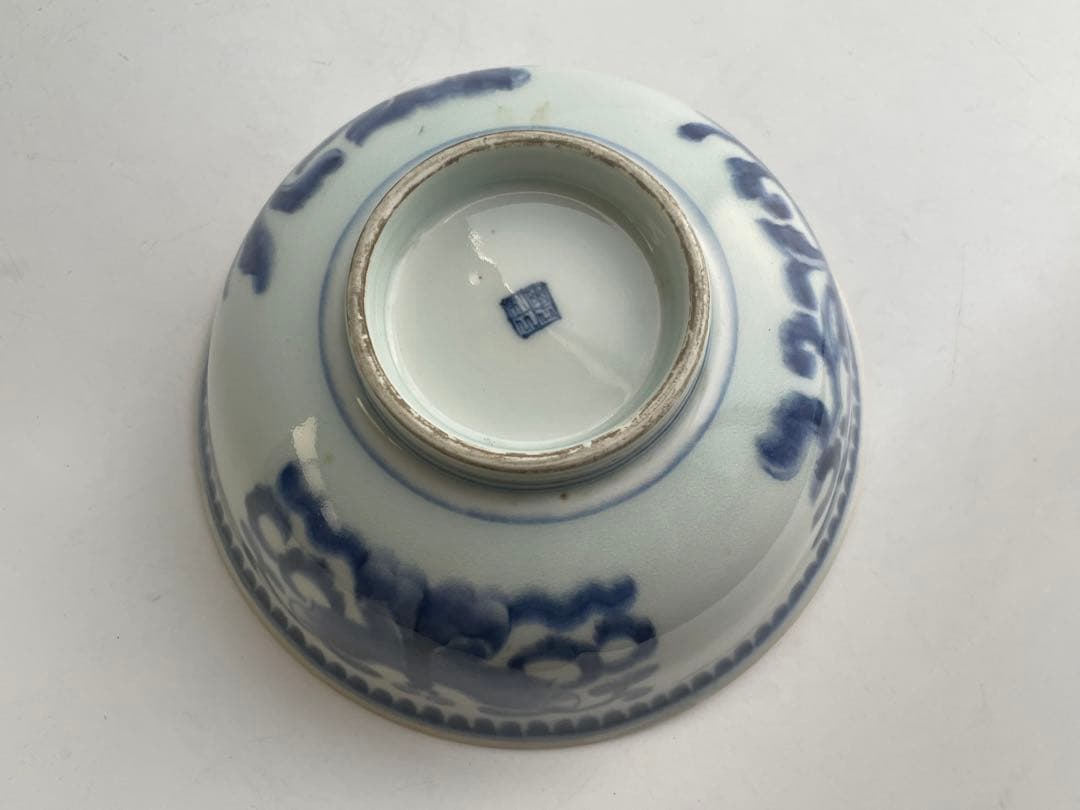 骨董 アンティーク 亀山焼 亀山製 染付 蝶々 鳳凰 霊芝 鉢 深鉢 蜻蛉