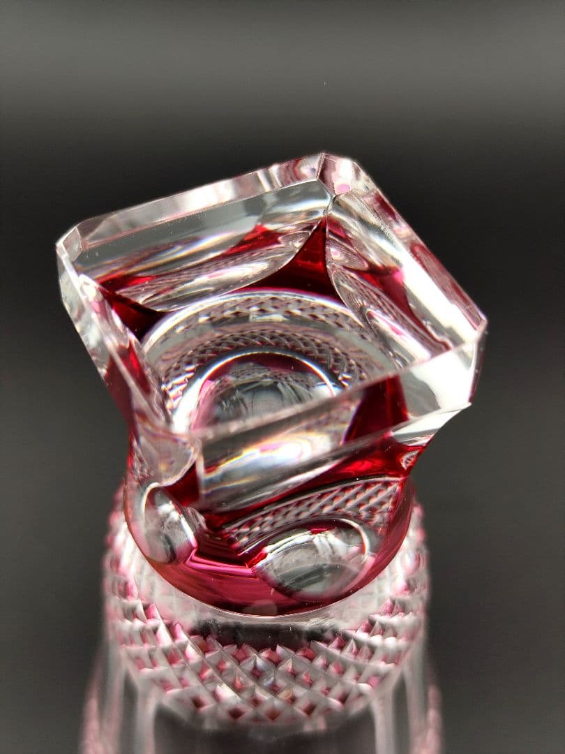 超希少品☆薩摩切子 紅被硝子 面取鹿の子文 高杯（切子、