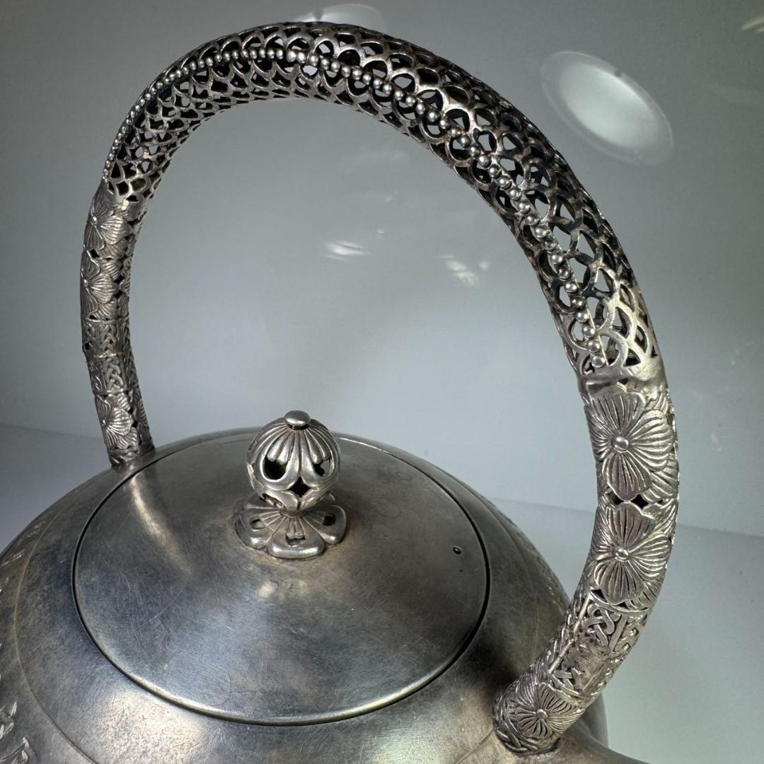 純銀製 般若心経彫 湯沸 透かし彫り取手 鳴付 銀瓶 茶道具 薬缶 純銀保証