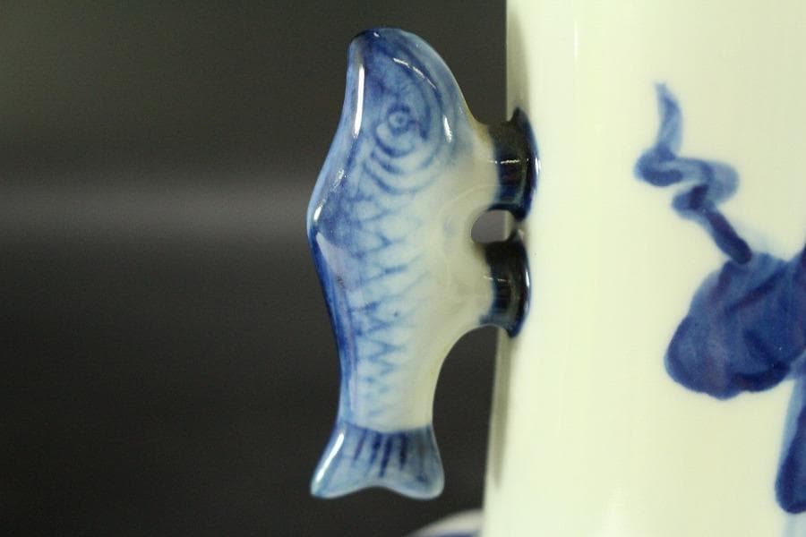 中国美術 染付 双魚耳 花瓶 茶道具(ZE424)