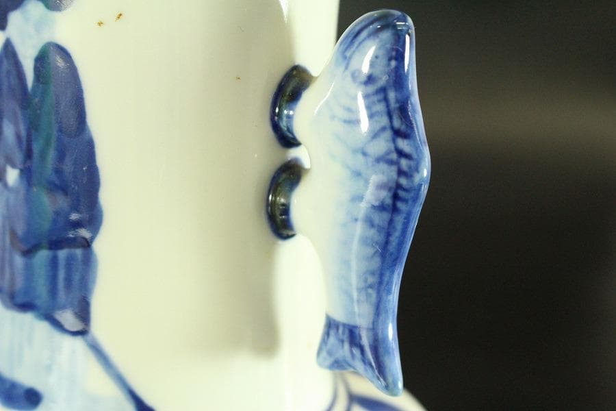 中国美術 染付 双魚耳 花瓶 茶道具(ZE424)