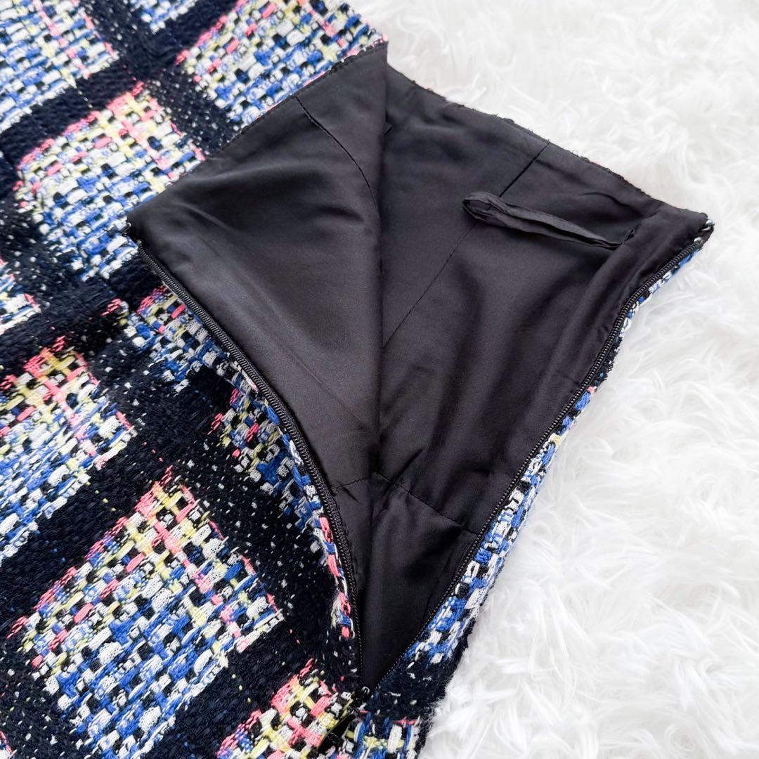 美品 CHANEL 09P ミックスツイードフレアスカート ロゴプレート 42