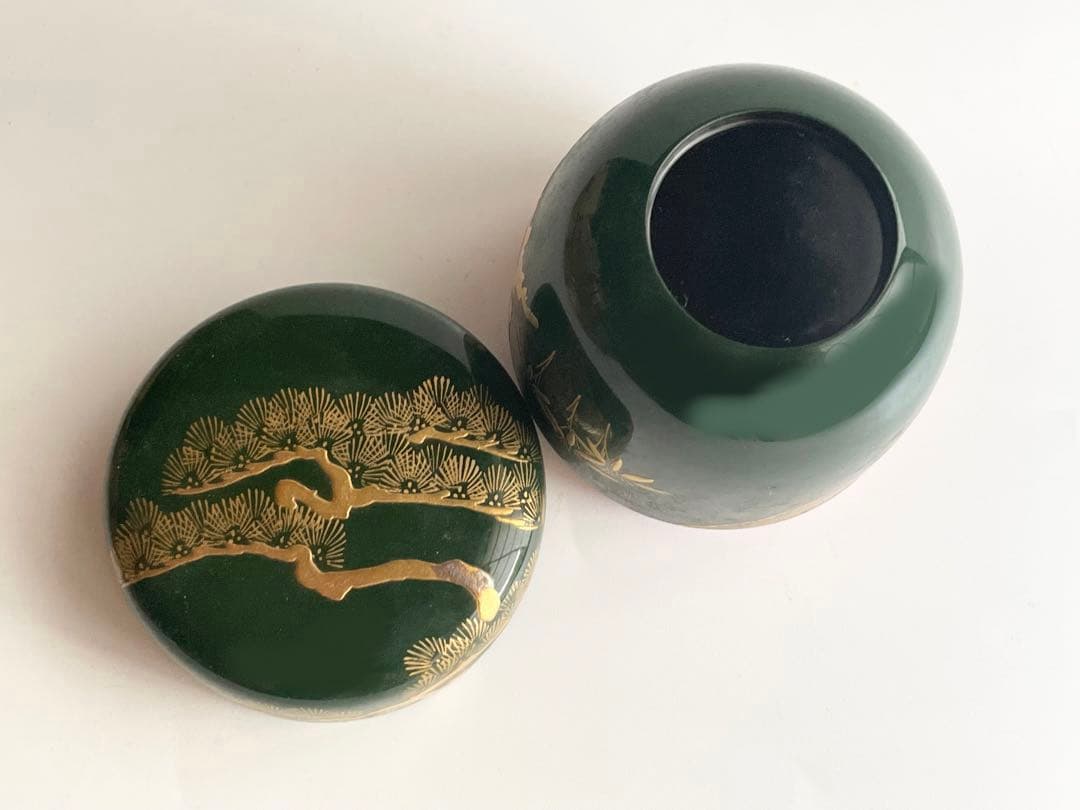 茶道具 平安 ショップ 漆翁斎 青漆 松蒔絵 中棗 紫野 細合喝堂書付 共箱