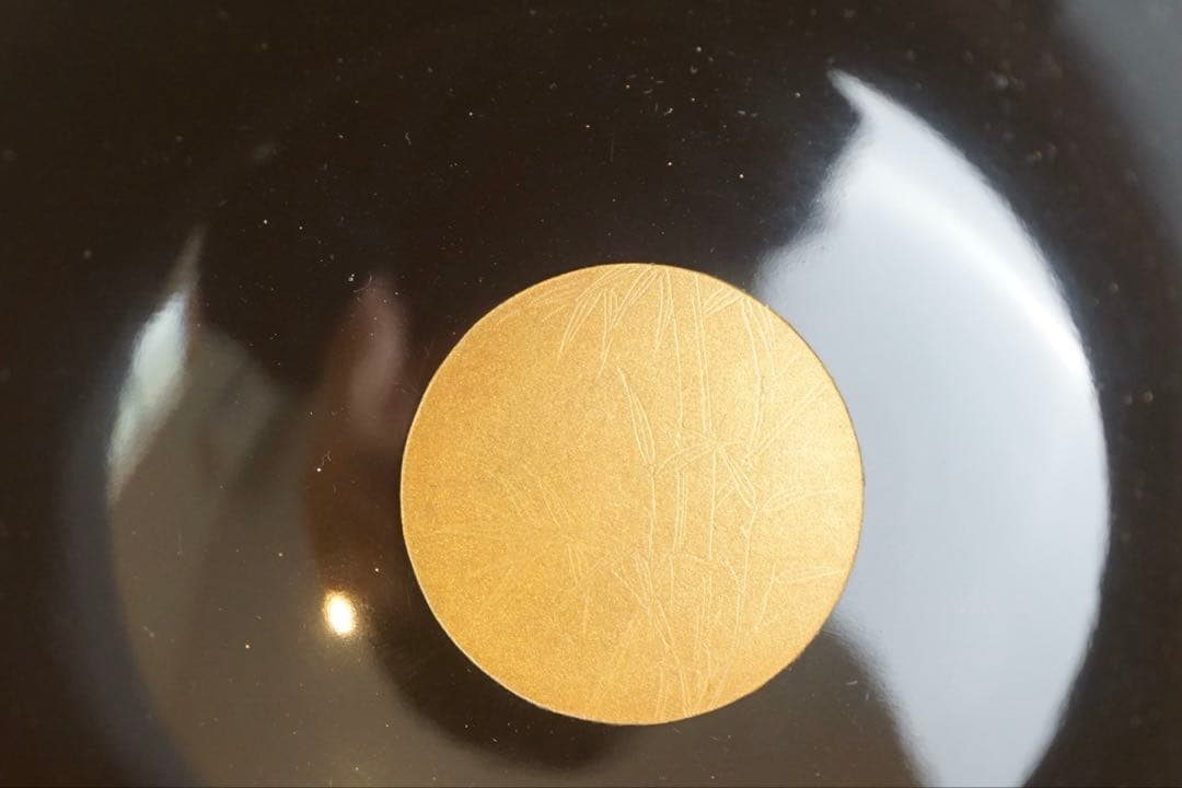 梅花松葉蒔絵・沈金風金円文(竹線刻) 黒漆吸物椀 2客/輪島塗 木製漆器 茶懐石