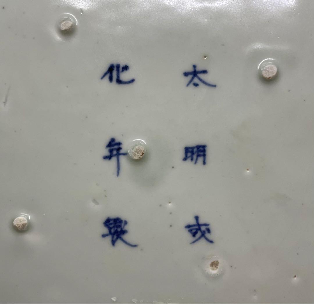 古伊万里 唐獅子牡丹 大明成化年製 染付 陽刻 大皿 y27