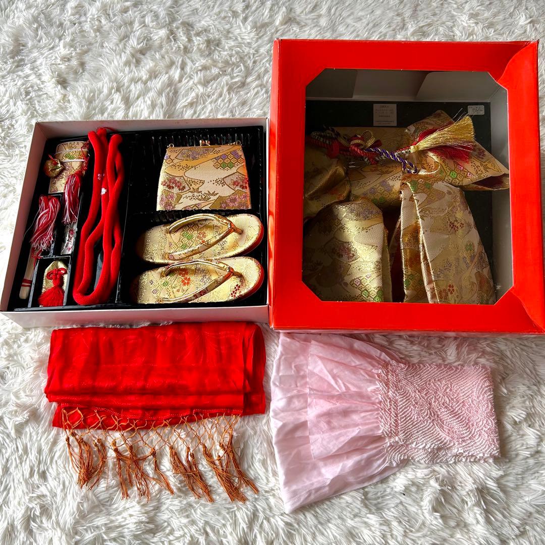 七五三 赤とピンクの花柄着物 作り帯 はこせこセット ７歳