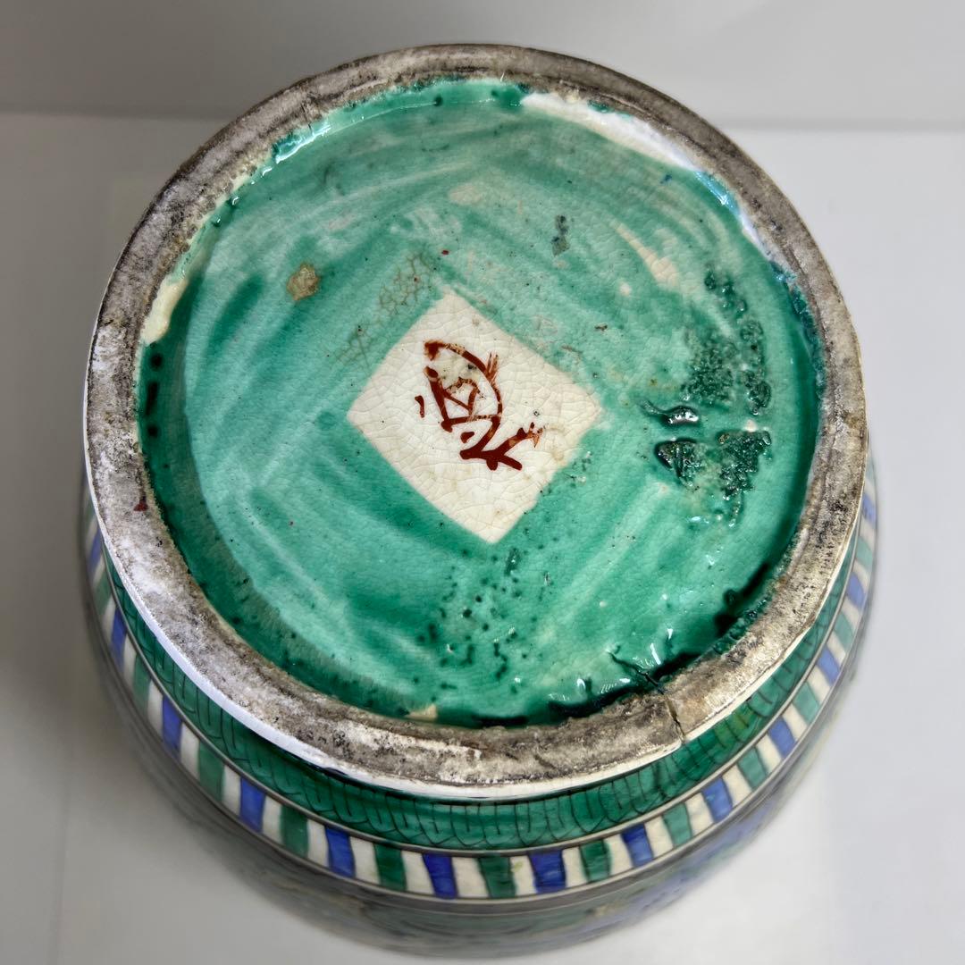 江戸後期　青九谷　特大沈香壷　木箱付　高さ約45㎝　東Y7-1209☆2Fタルサ