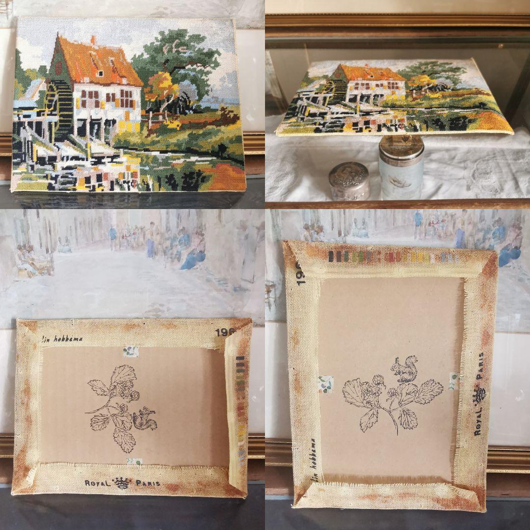 アンティーク イギリス ニードルワーク刺繍マット 水源 水と森と家と空