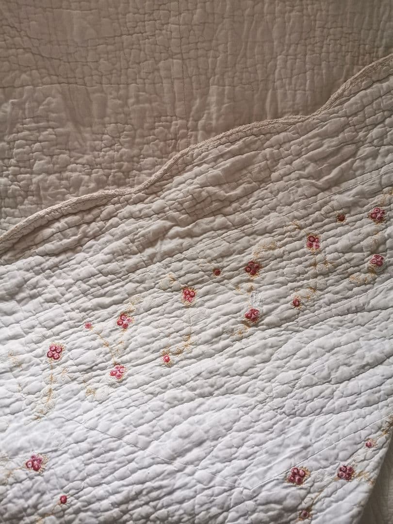 ヴィンテージ フランス/イギリス プチローズ刺繍 スカラップリム