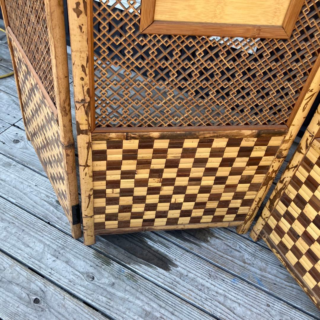 昭和レトロ 竹製格子型屏風 日本画 春夏秋冬草花 4枚 パーテーション