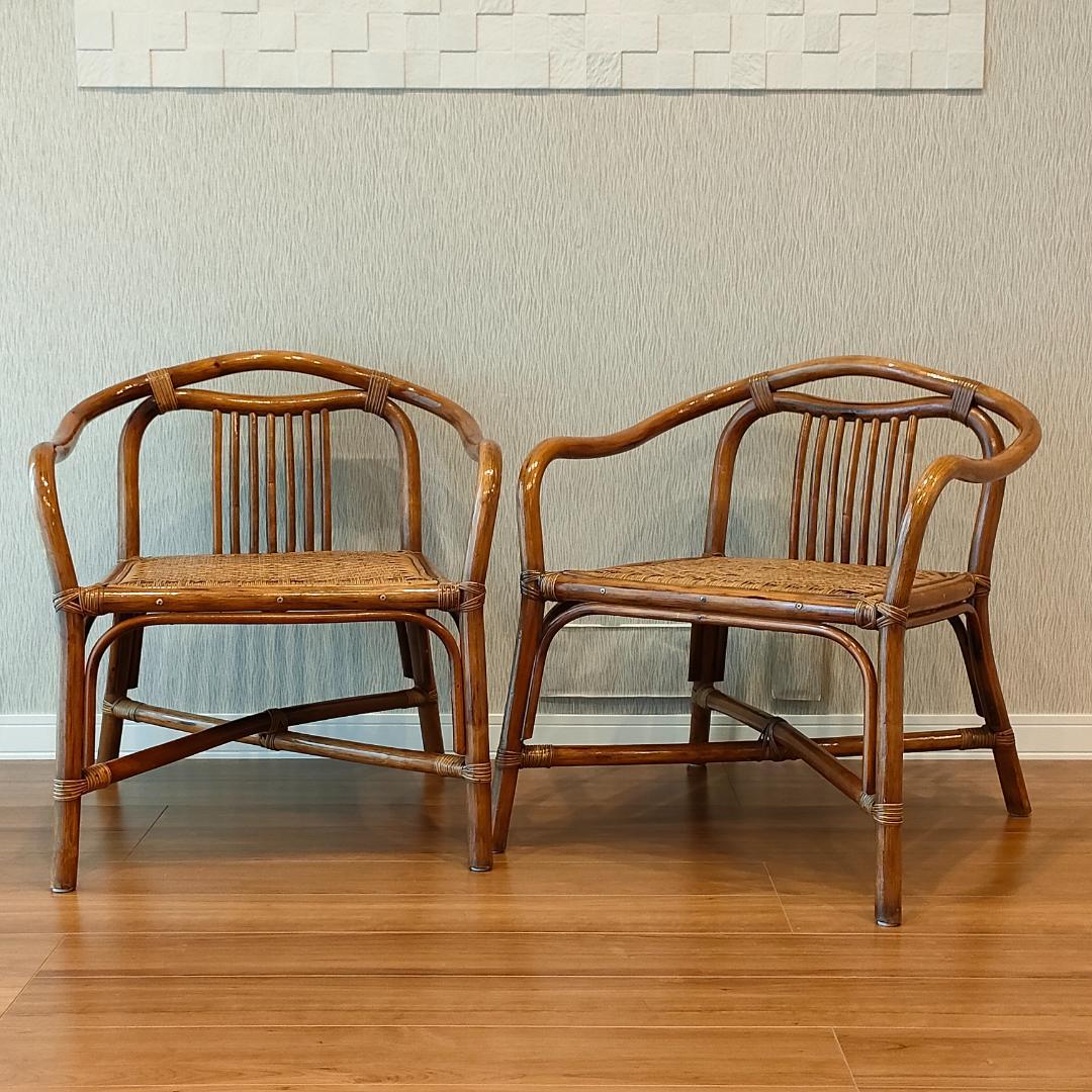 ビンテージラタン　ダイニングテーブルセット　ガラステーブル　椅子2脚付き