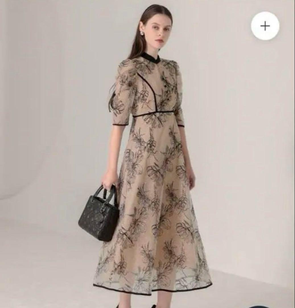 Leja パイピングハイネック花柄ラメレースワンピースドレス 当日発送】パイピングハイネック花柄ラメレースドレス/パーティー