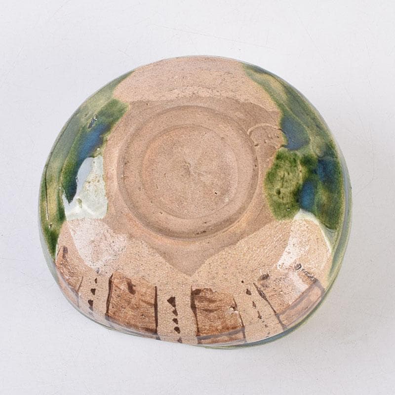 織部焼　古瀬戸窯　加藤作助作　手捻り茶碗　共箱　C　R8994