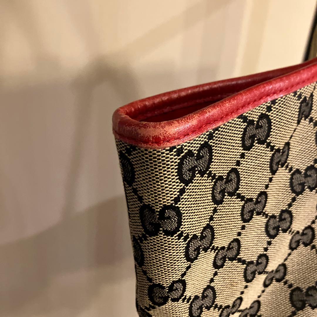 鑑定済み GUCCI グッチ GGキャンバス トートバッグ ベージュ レッド 赤