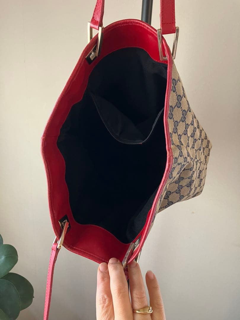 鑑定済み GUCCI グッチ GGキャンバス トートバッグ ベージュ レッド 赤
