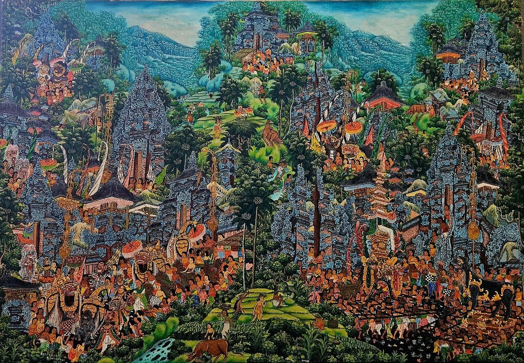 バリの風景 油彩画 PADE KETUT BONGKASO 寺院お祭り図 額装
