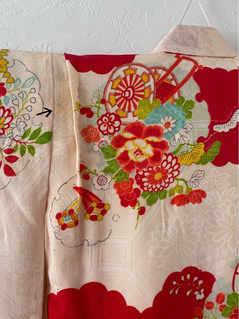 七五三　3歳　正絹　アンティークお着物セット　総絞り被布　ハンドメイド　巾着