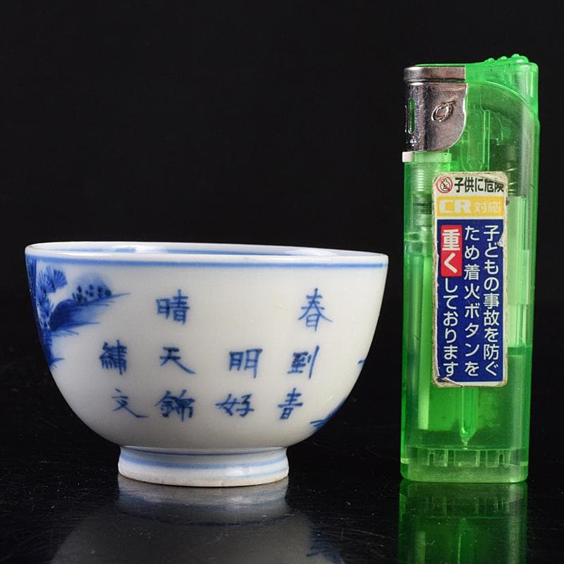 中国 青花 漢詩山水人物文 煎茶碗 時代箱付 V R9489