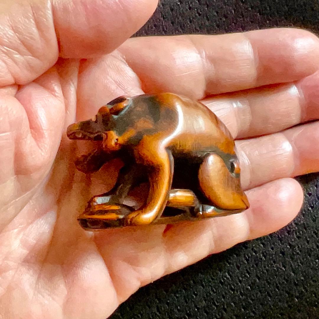 木彫狼亀根付 江戸時代 彫銘: 正友