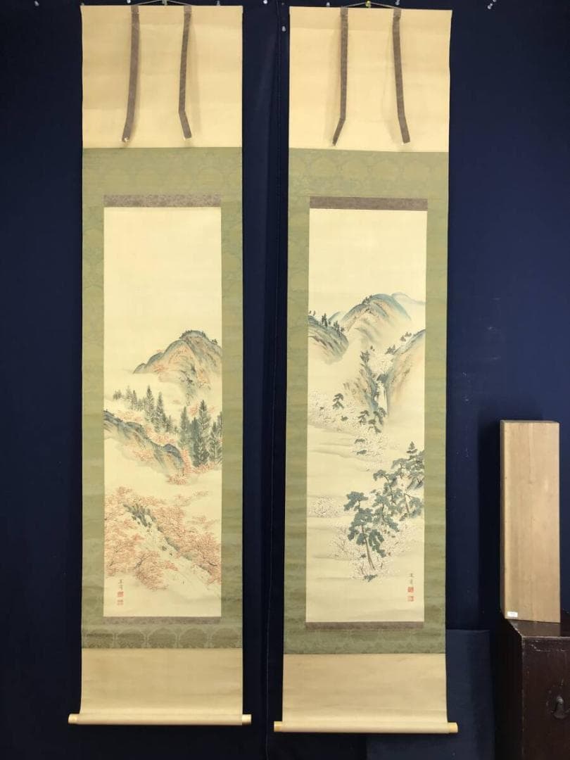 真作/森寛斎/春秋山水図/紅葉図/桜花図/双幅/対幅/掛軸☆宝船☆AH-534