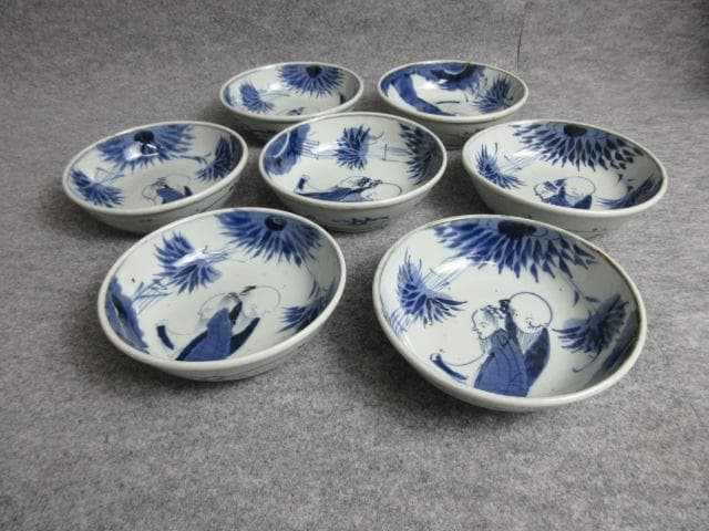 古伊万里染付竹林の賢人図しゅんかん皿7枚 [B25615] 古伊万里 染付 唐子 竹林七賢人図 中深鉢 陶磁器