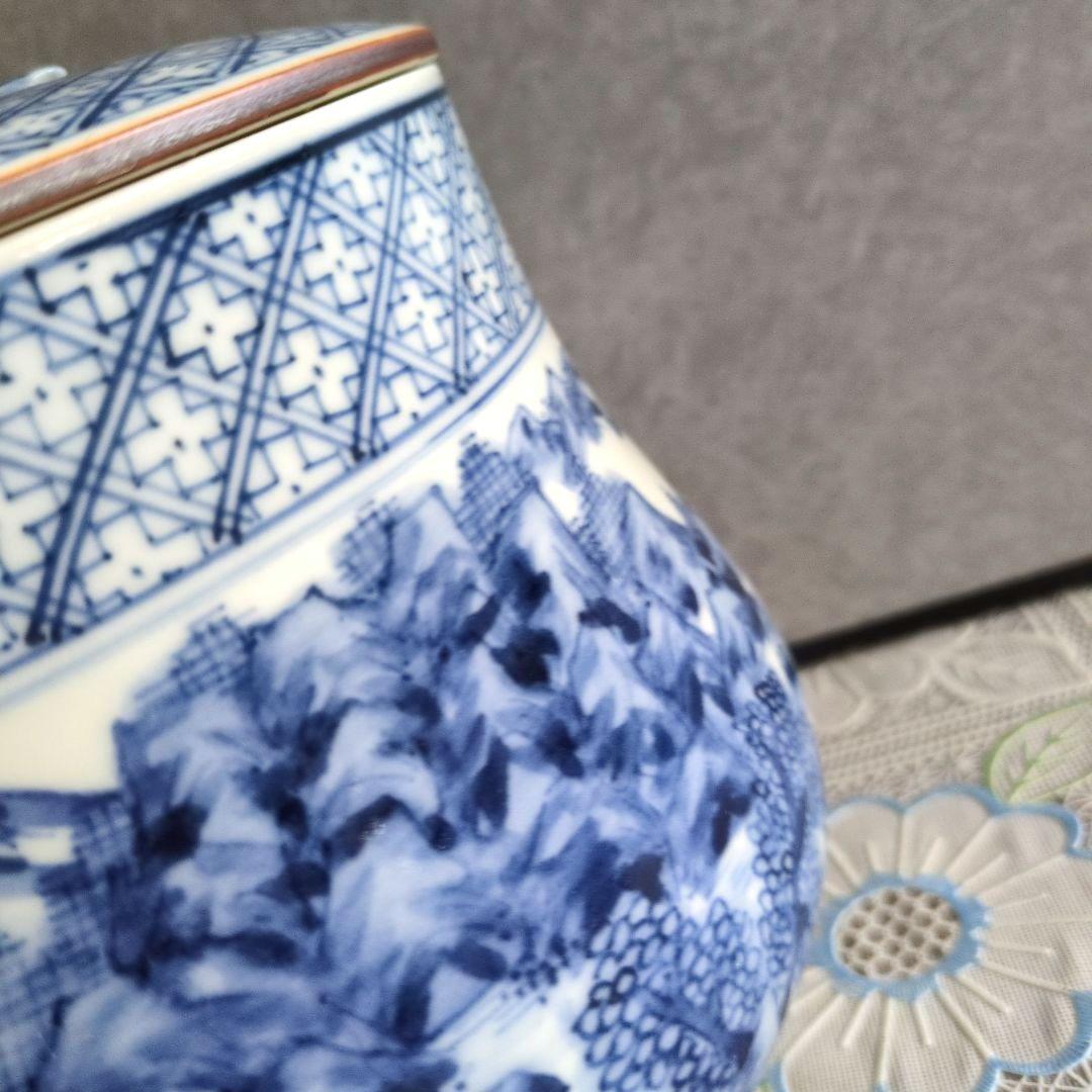 美品】平安徳永造／染付山形・青白色 陶器 水差し（共箱付き）