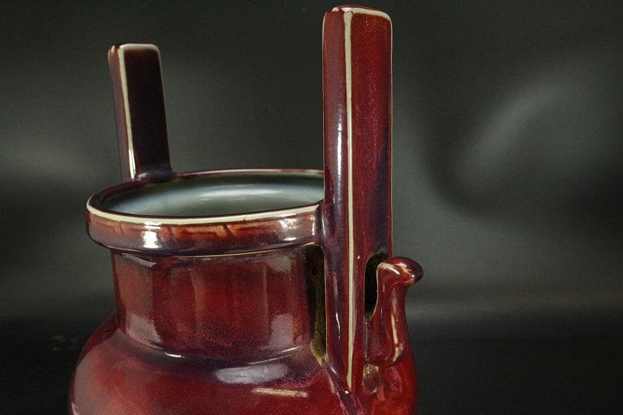 中国美術 鈞窯 紫斑釉 三足 双耳 香炉 高33.5cm(LC121)