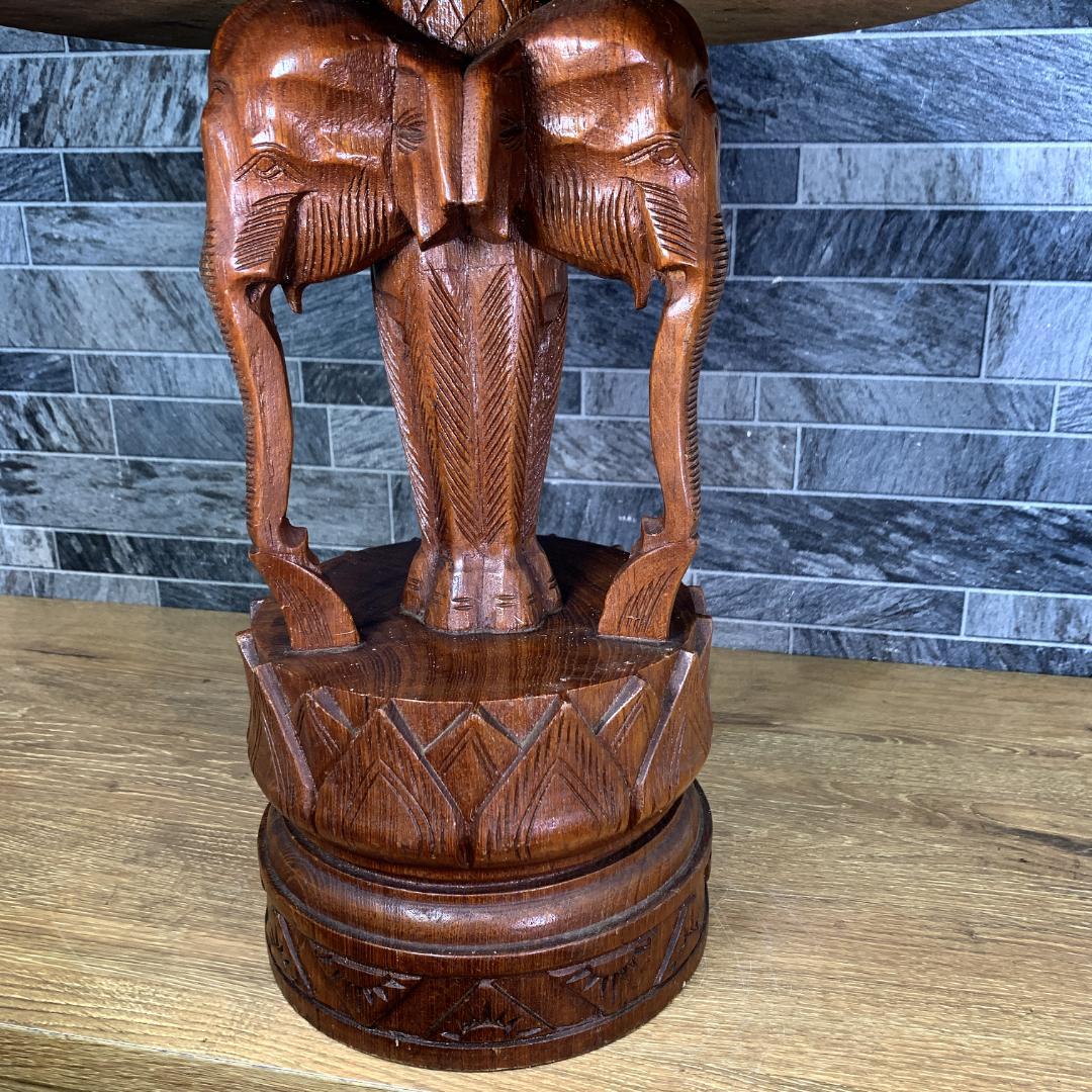 インド民芸品 木彫り机 天板直径51.5㎝サイズ 花台 サイドテーブル