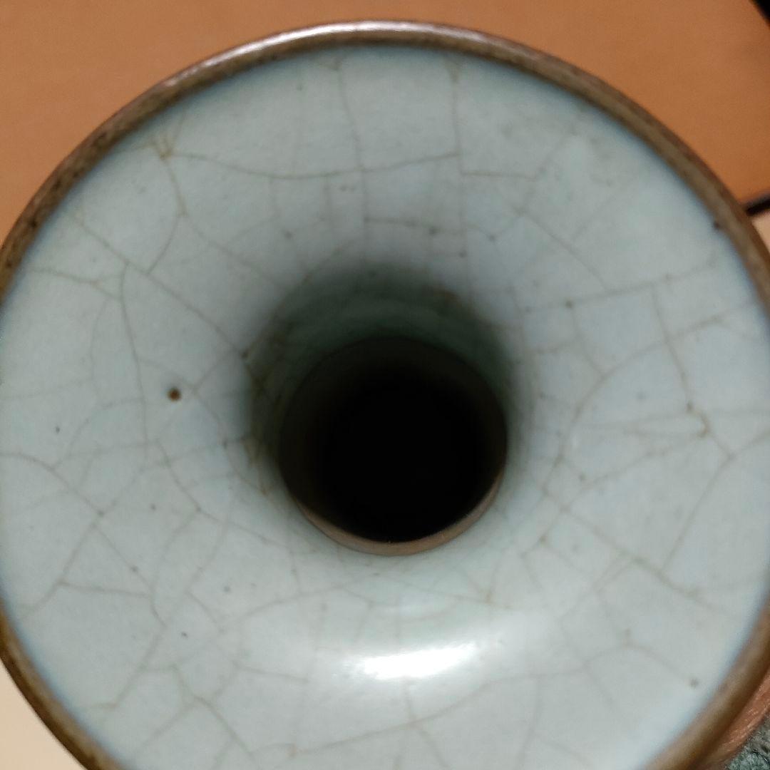 中国美術 月白釉 時代物 アンティーク 双耳花入 花瓶 仿汝窯 清朝