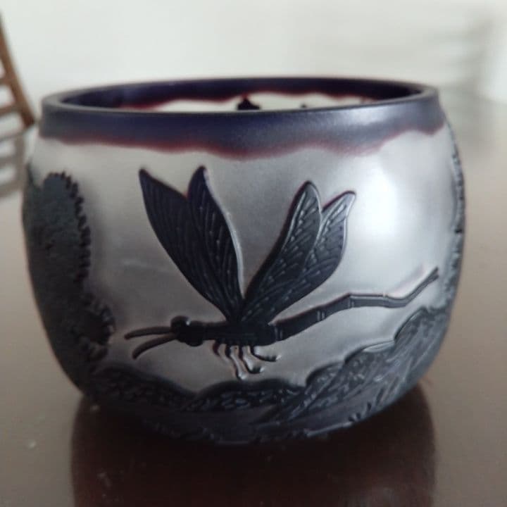 被せ硝子⭐︎アンティーク⭐︎ガレ調 ⭐︎蜻蛉文様 硝子鉢⭐︎水指茶道具、