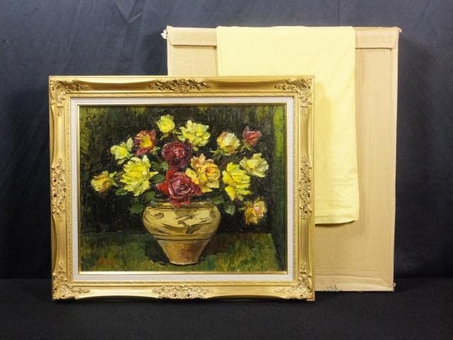 日動画廊取扱 萩谷巌 直筆サイン『ばら』キャンヴァスに油彩 15号 0418L