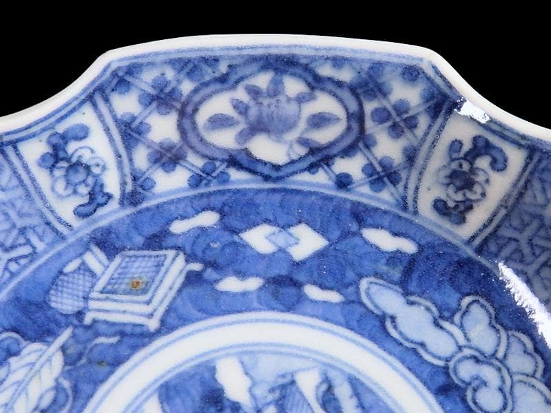 古伊万里 染付 吉祥紋に山村の図 六角豆皿 AS-DBe