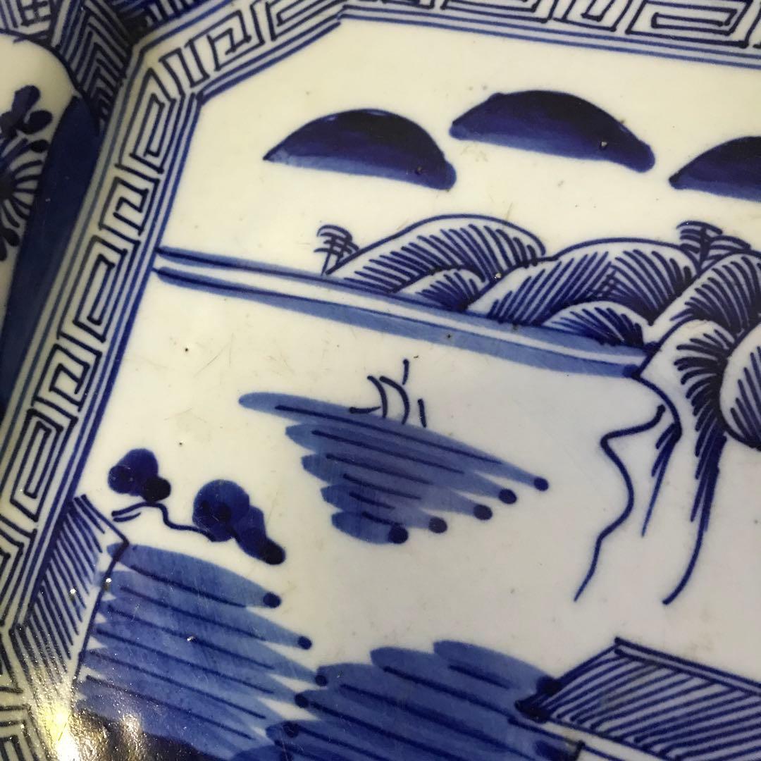 美品 古伊万里焼 染付け 角皿 山水図 飾り絵皿 年代物 藍