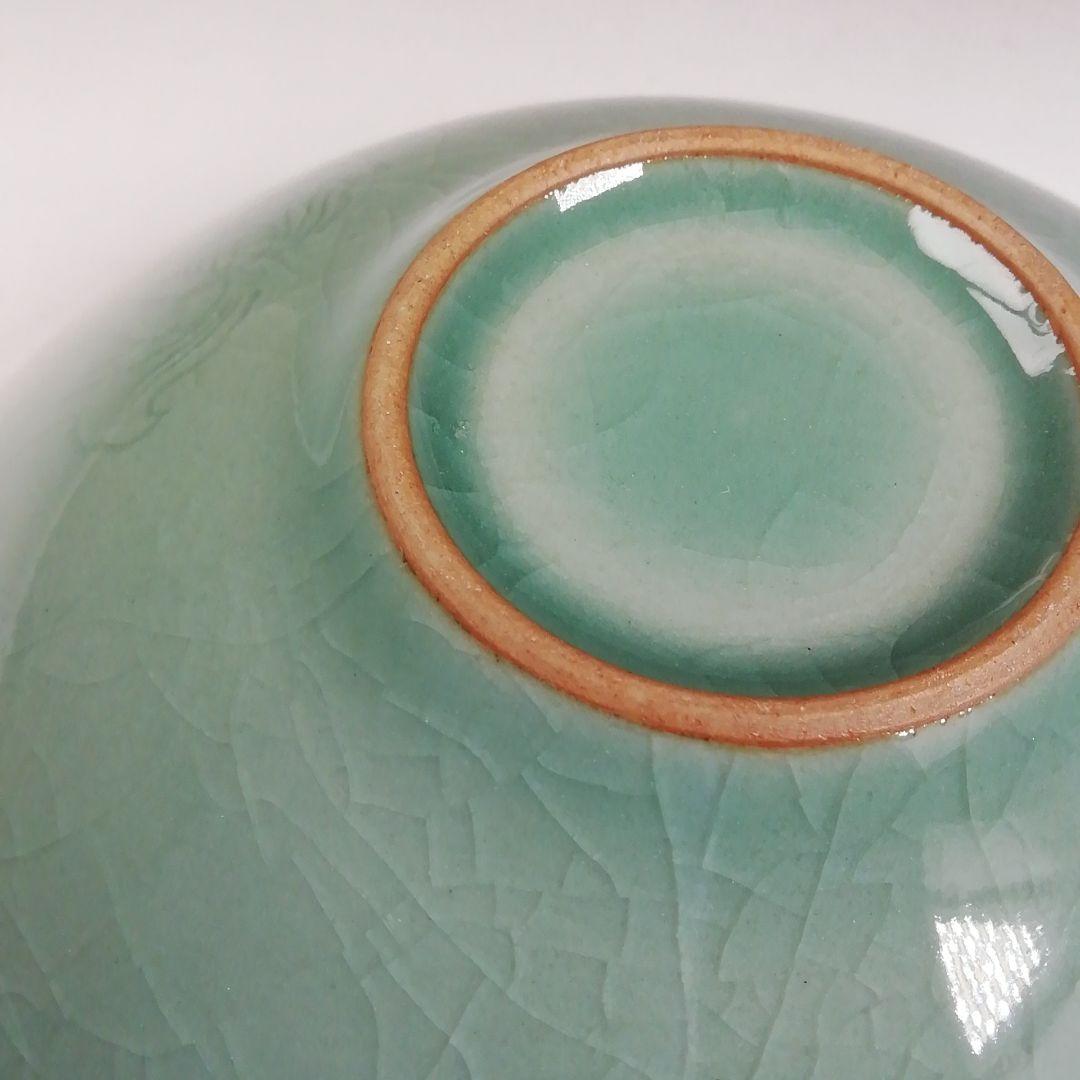 T977 茶碗 『高麗青磁茶碗』『青珍 梁命煥 作』 共箱 抹茶碗 茶道具