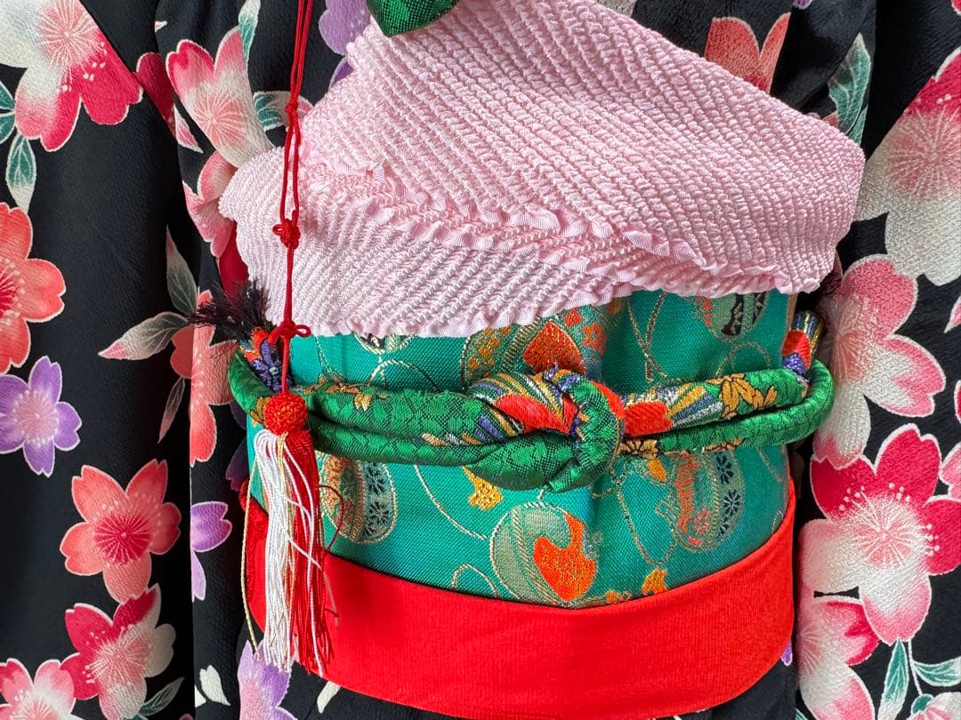 七五三着物帯セット　7歳　黒花柄