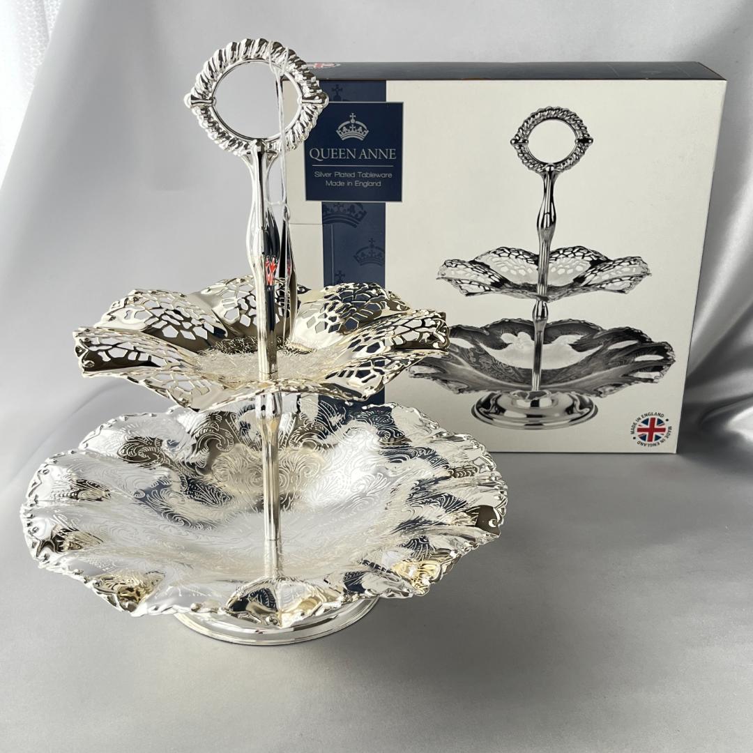 QUEEN ANNE】 ケーキスタンド ウェーブ 2段【シルバープレート】