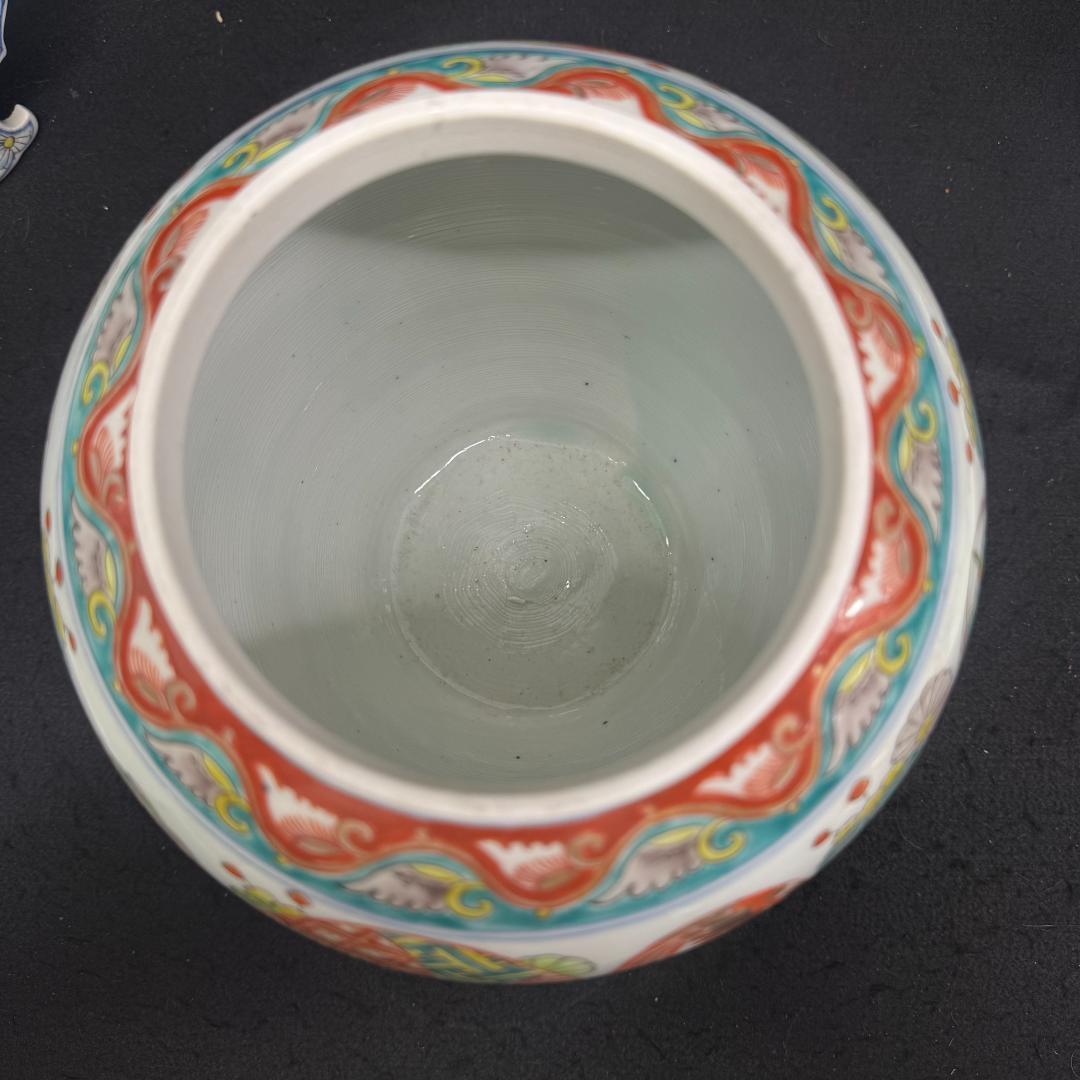 江戸時代中期 古伊万里色絵風景亀鶴図壺 沈香壷 古美術 骨董品