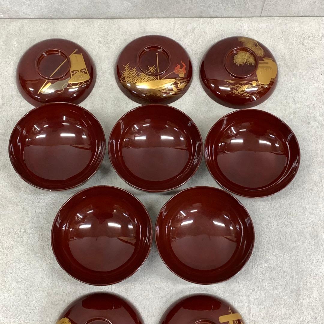 吸物椀 5客 絵変わり 塗り 溜絵 正月 賀正 金彩 汁椀 雑 C