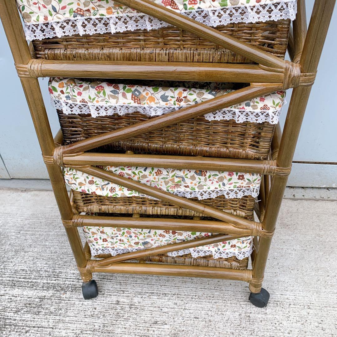 【送料込】ラタン 籐 ヴィンテージ収納 5段チェスト キャスター付 アンティーク