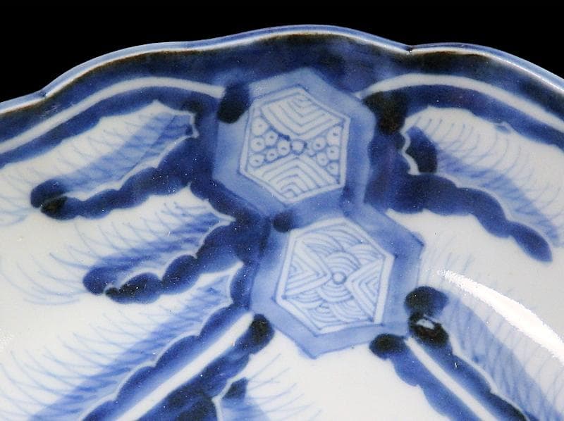 古伊万里　染付　亀甲紋に草花紋の図 膾皿　江戸期　D568AS-fbsx