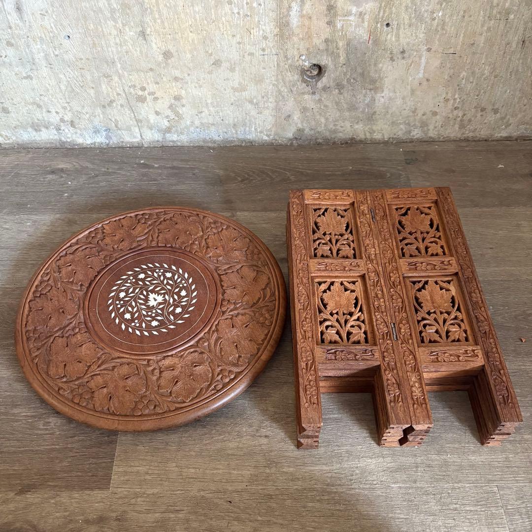 シーシャムウッド 彫刻テーブル サイドテーブル インド製 ヴィンテージ ②
