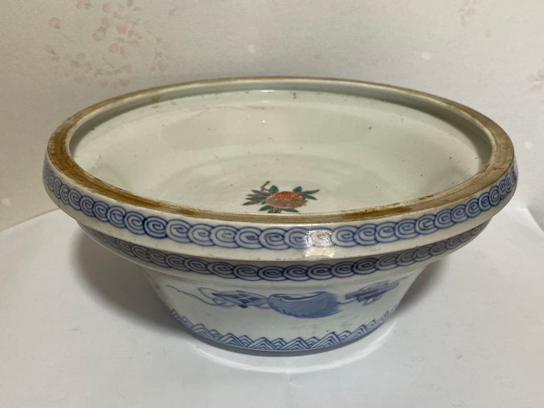 ♦古伊万里 染付 金襴手 獅子 宝尽くし紋様 蓋付き鉢 江戸時代後期 骨董品