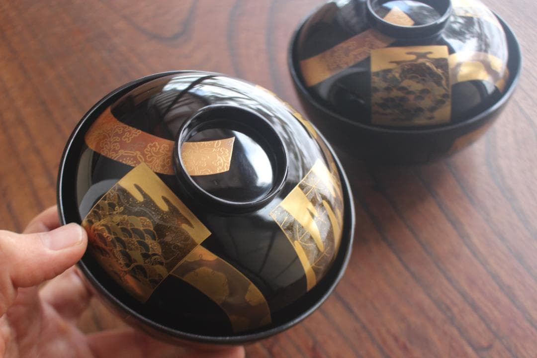 時代逸品！時代黒漆に極上短冊蒔絵の映えるお椀2点（検輪島塗蒔絵椀