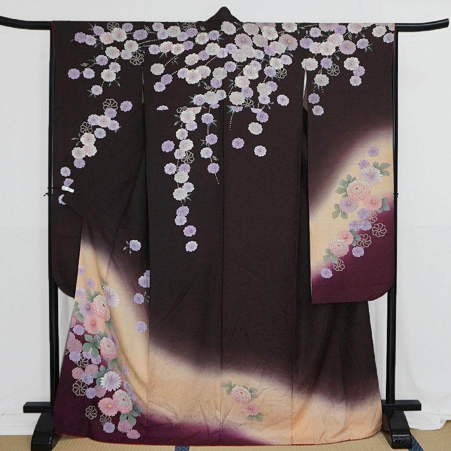 美品】ふりふ振袖＊希少 青と赤のストライプ 花柄 金線あり 美品