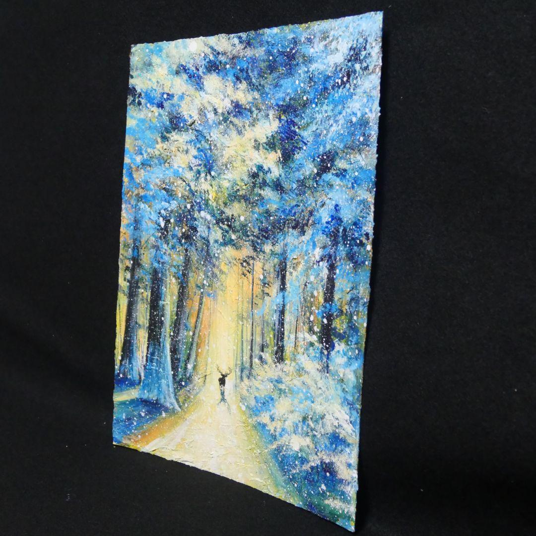 油絵 油彩 油彩画 絵 絵画　【雪景色の中で雪に立つ雄鹿】