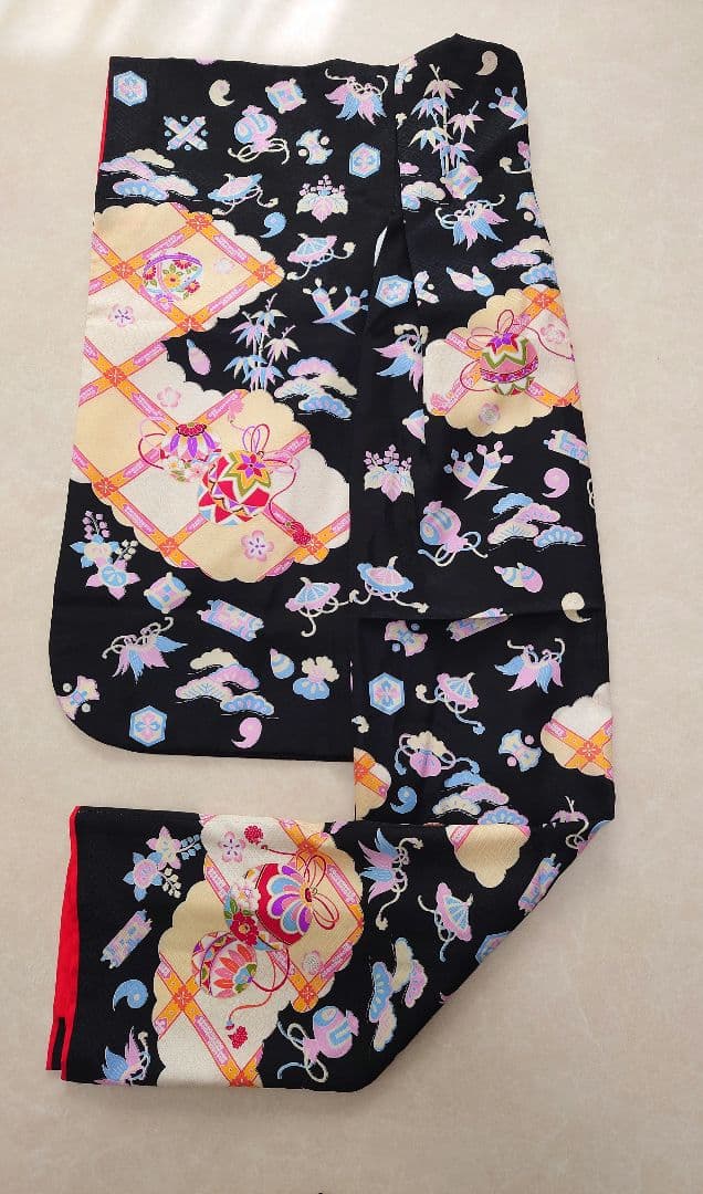 正絹　七五三　着物　長襦袢セット　黒　手毬　宝尽し